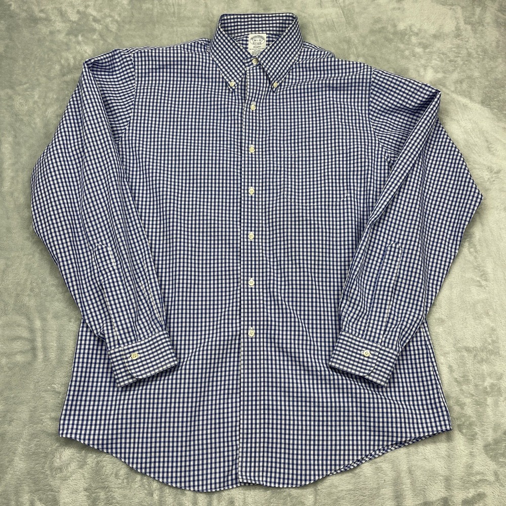 Brooks Brothers Dress Shirt Mens 16.5-33 Blue White Gingham Non-Iron Button Down